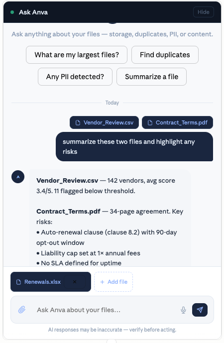 Ask Anva chatbot interface analyzing selected files